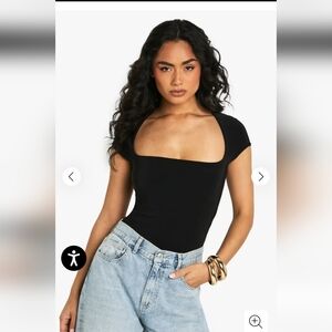 NWT Boohoo Plus Double Layer Slinky Square Neck Cap Sleeve Bodysuit, Size 12